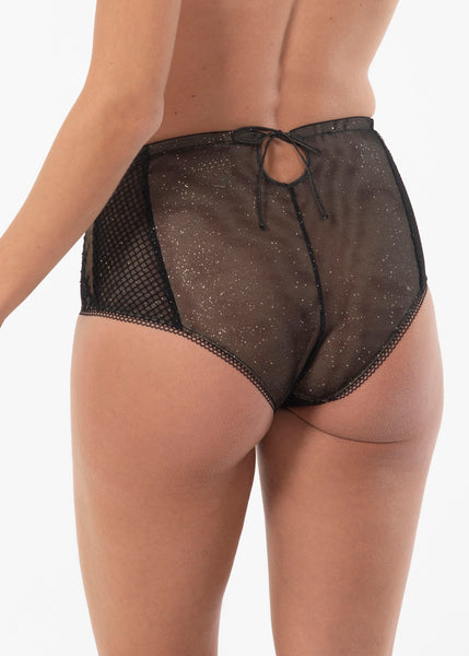 VALERY High-Waist Panty PRESTIGE schwarz-beige Spitze Netzstoff Glitzer Cut-Out durchscheinend