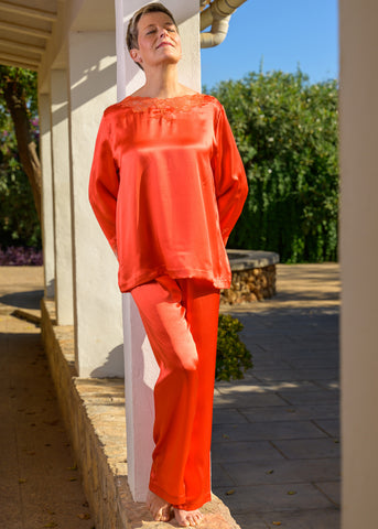 Verdiani langer Schlafanzug orange rot Seide Spitzenbesatz